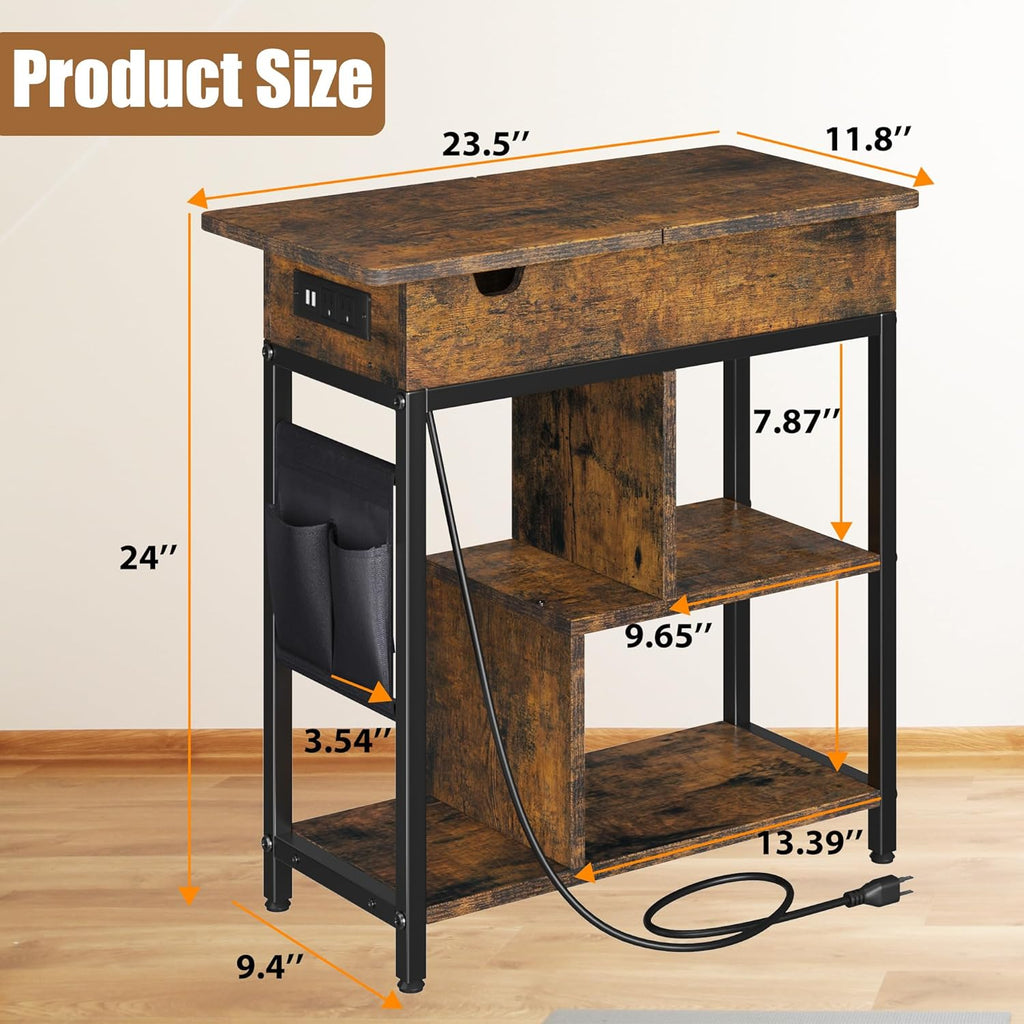 Side Table with Charging Station, Flip Top End Table with USB Ports and Outlets E25101