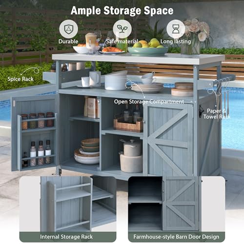 Solid Wood Grill Table with Stainless Steel Top and Internal Storage Racks S812103