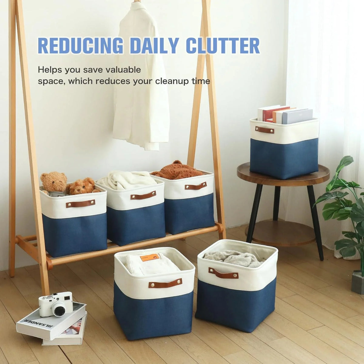 11x11 inch Foldable Cube Storage Bins with Leather Handles (White/ Blue) I78240