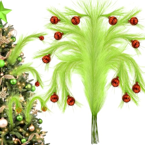 8Pcs Lime Green Fluffy Curly Christmas Tree Picks Decorations with Red Ball M561