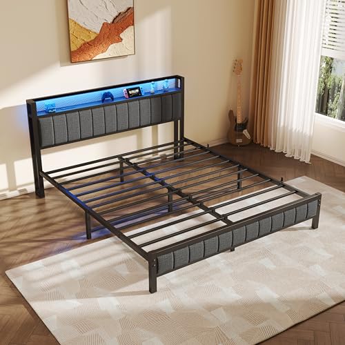 Gray Queen Size Metal Platform Bed Frame with Storage Headboard H88851