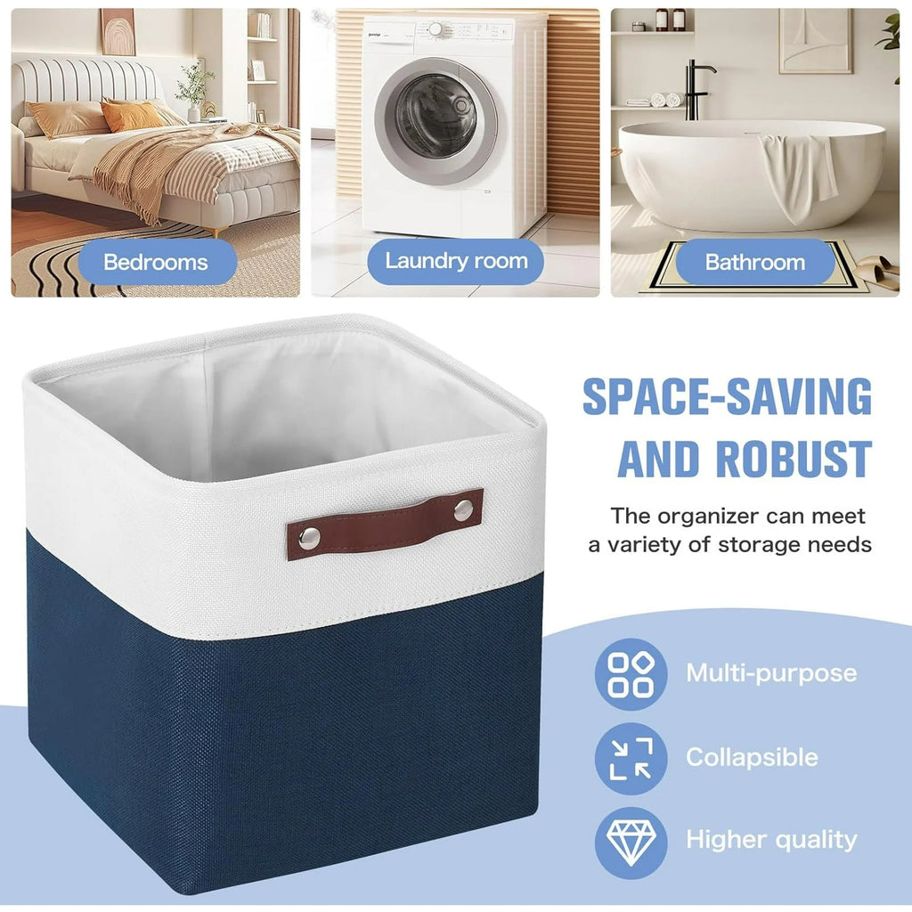 11x11 inch Foldable Cube Storage Bins with Leather Handles (White/ Blue) I78240