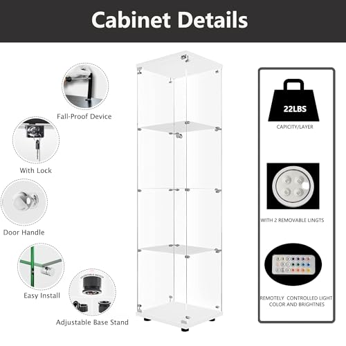 4-Tier Glass Display Cabinet with Metal Lock, 5mm Tempered Glass, 16.7" W x 14.3" D x 64.5" H M5644