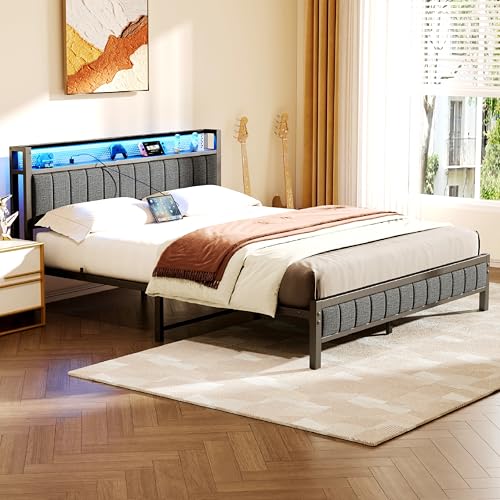 Gray Queen Size Metal Platform Bed Frame with Storage Headboard H88851