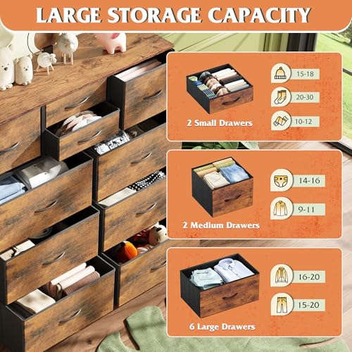 Rustic Brown 10 Drawer Fabric Dresser with Metal Frame R98563