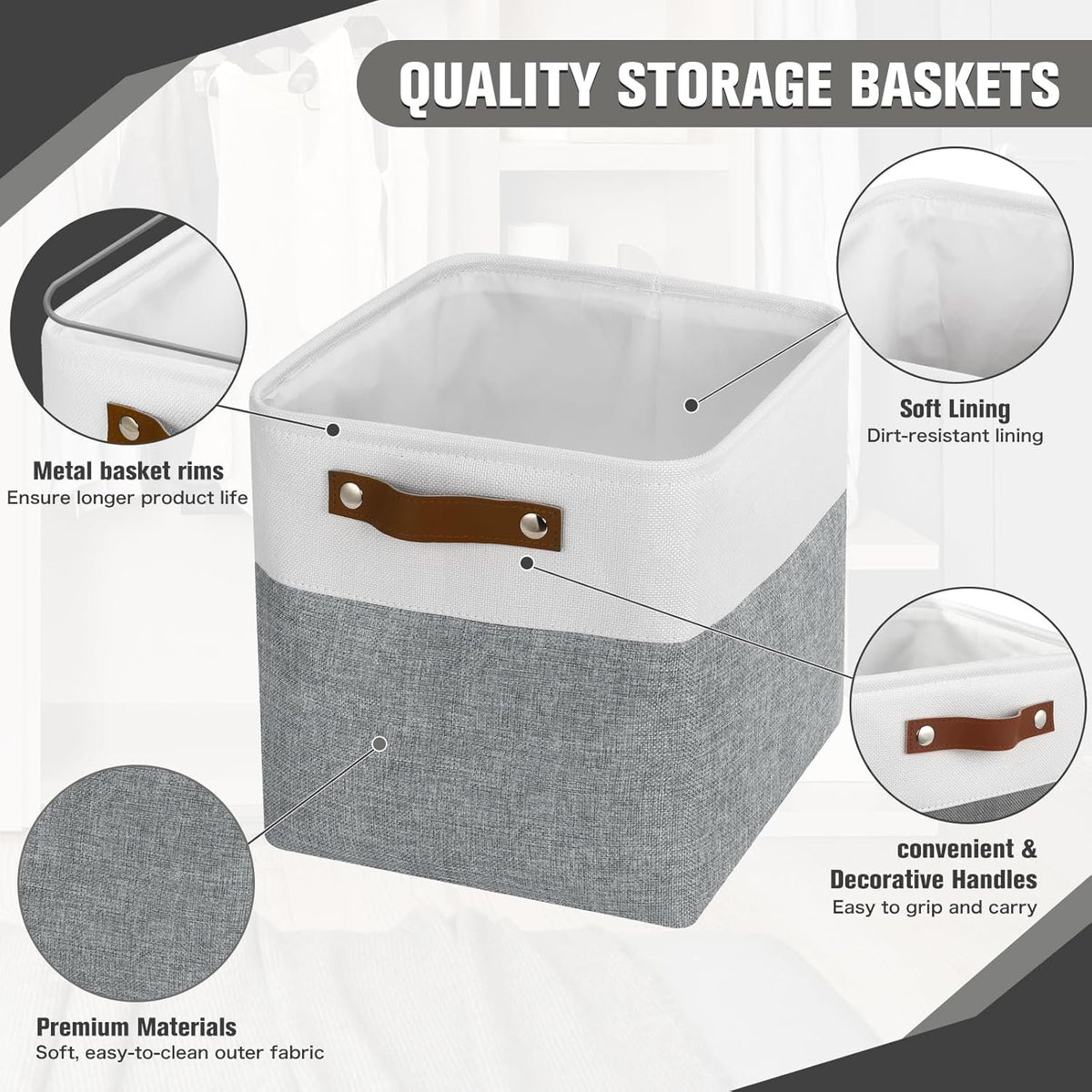 11x11 inch Foldable Cube Storage Bins with Leather Handles (White/ Blue) I78240