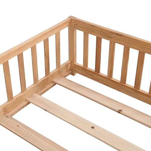Gray Solid Wood Twin Size Floor Bed with Rails and Slats E396157