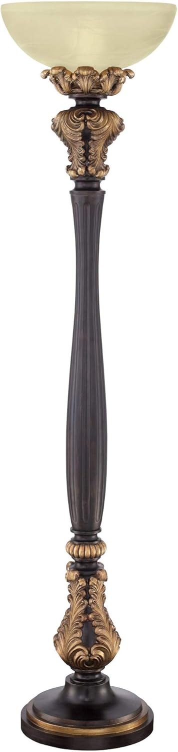 Tall Carved Wood Amber Glass Torchiere Floor Lamp V635