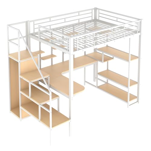 Black Full Size Metal Loft Bed with Storage Staircase and Wardrobe H329079