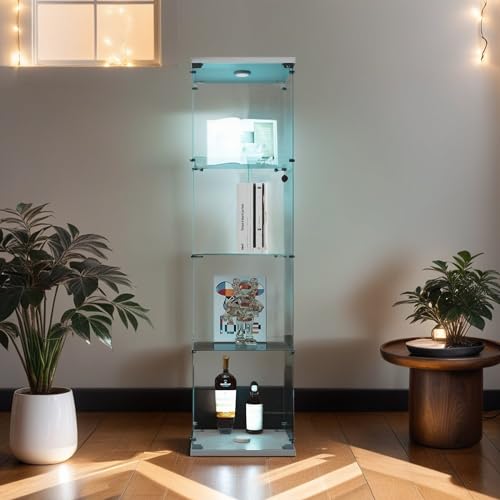 4-Tier Glass Display Cabinet with Metal Lock, 5mm Tempered Glass, 16.7" W x 14.3" D x 64.5" H M5644