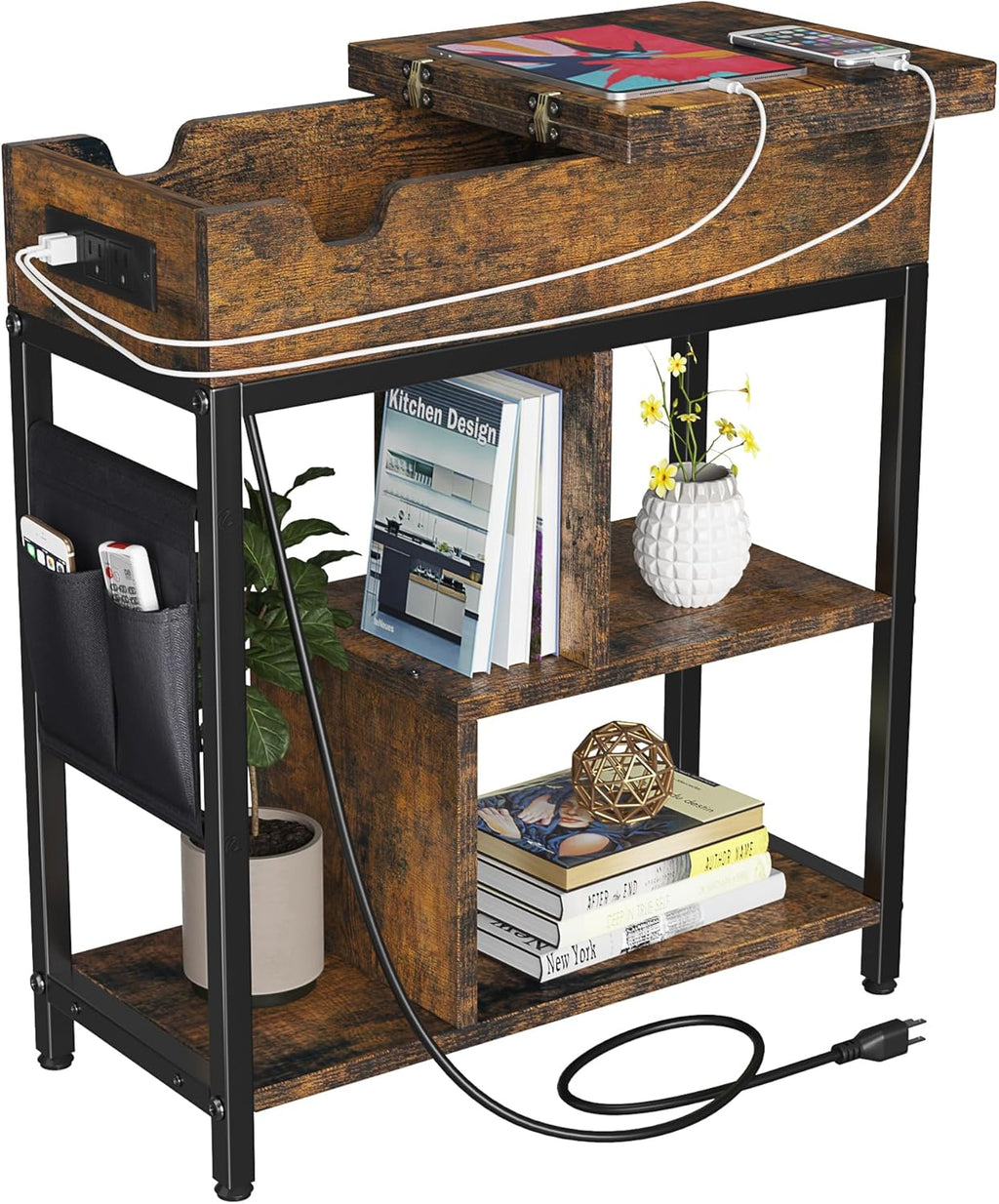 Side Table with Charging Station, Flip Top End Table with USB Ports and Outlets E25101
