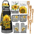 13 Pcs Bee Sunflower Kitchen Decor Set with Wooden Spoons, Kitchen Towels, Apron, Oven Mitts, Pot Holders L9778