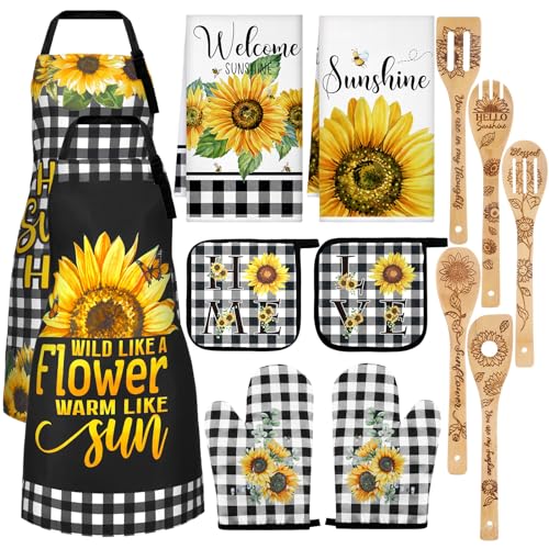 13 Pcs Bee Sunflower Kitchen Decor Set with Wooden Spoons, Kitchen Towels, Apron, Oven Mitts, Pot Holders L9778