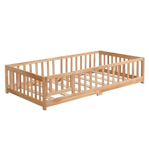 Gray Solid Wood Twin Size Floor Bed with Rails and Slats E396157