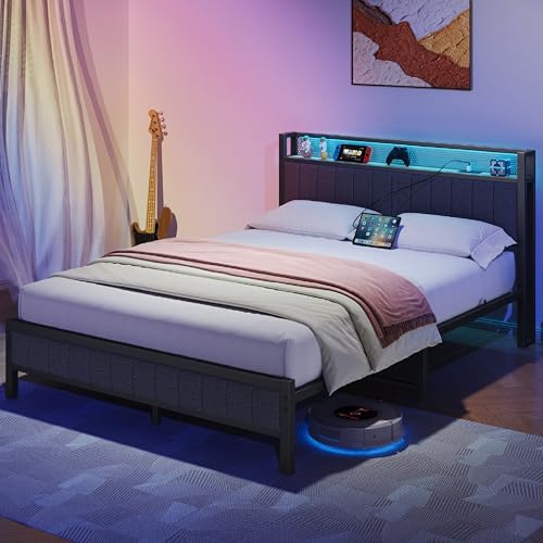 Gray Queen Size Metal Platform Bed Frame with Storage Headboard H88851