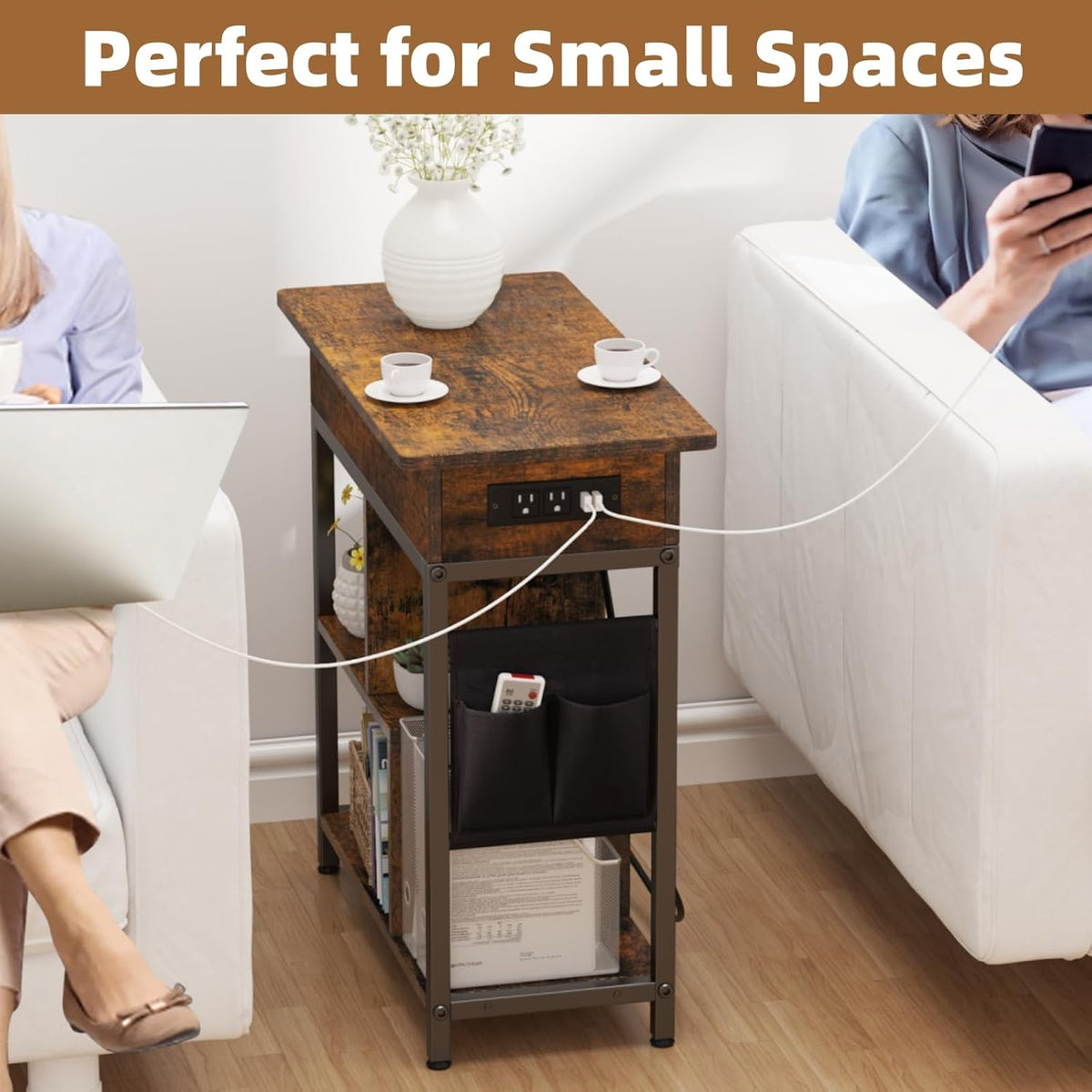Side Table with Charging Station, Flip Top End Table with USB Ports and Outlets E25101