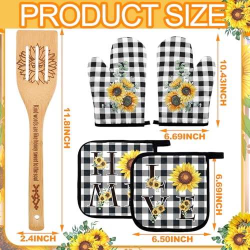13 Pcs Bee Sunflower Kitchen Decor Set with Wooden Spoons, Kitchen Towels, Apron, Oven Mitts, Pot Holders L9778