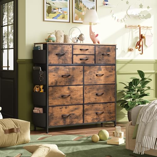 Rustic Brown 10 Drawer Fabric Dresser with Metal Frame R98563