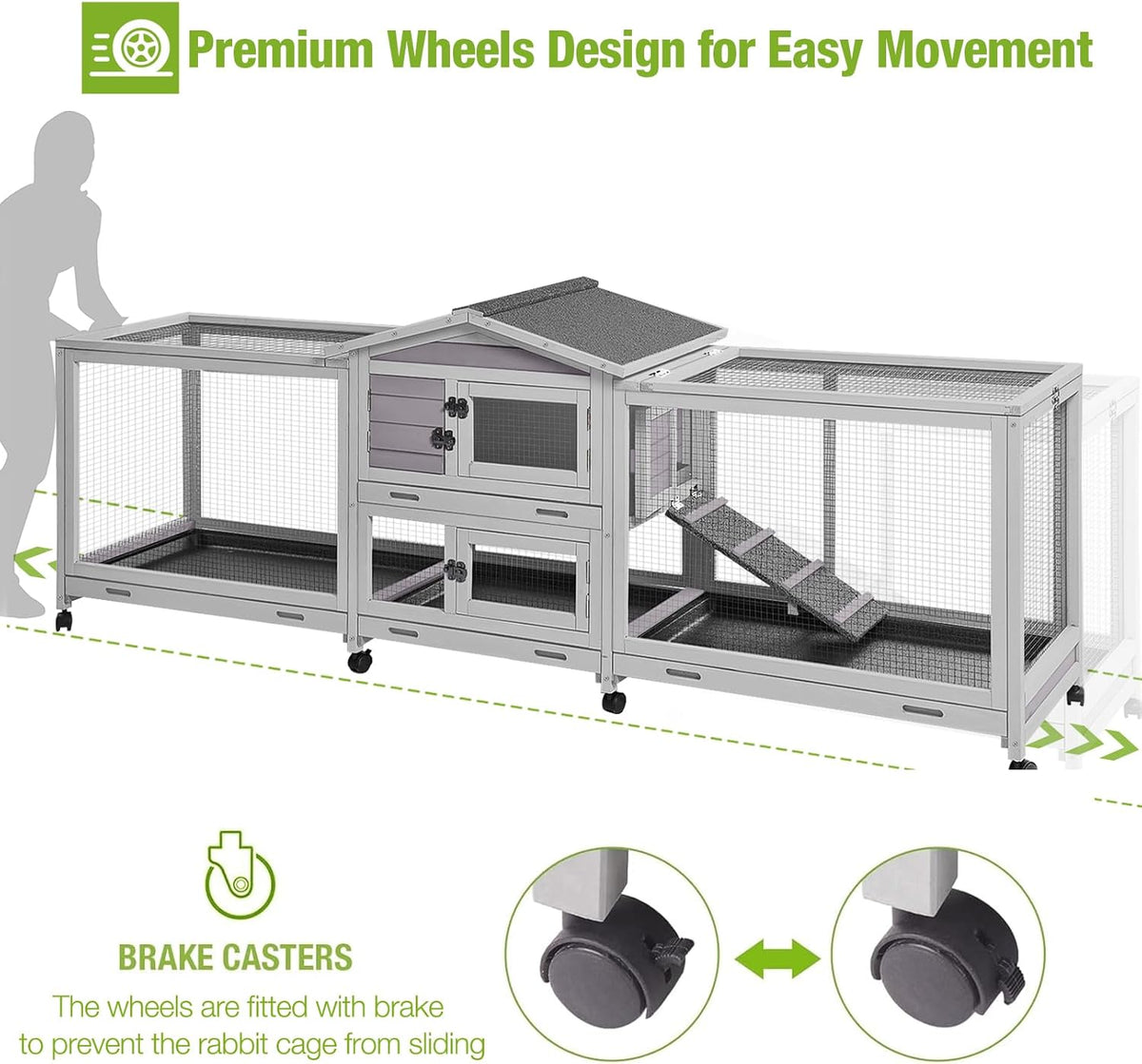93.7" Rabbit Hutch with 8 Wheels and 4 Pull Out Trays E505