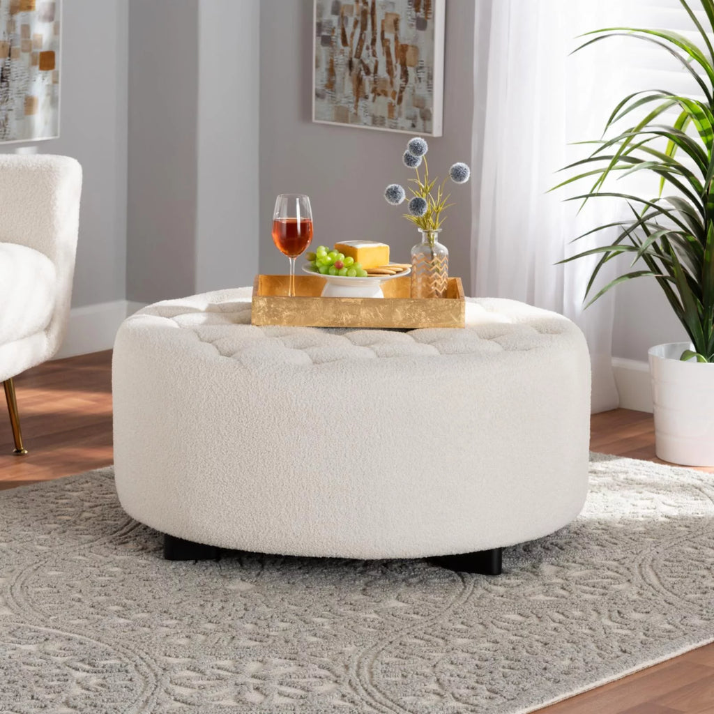 Ivory Boucle Upholstered Black Wood Round Ottoman M3062