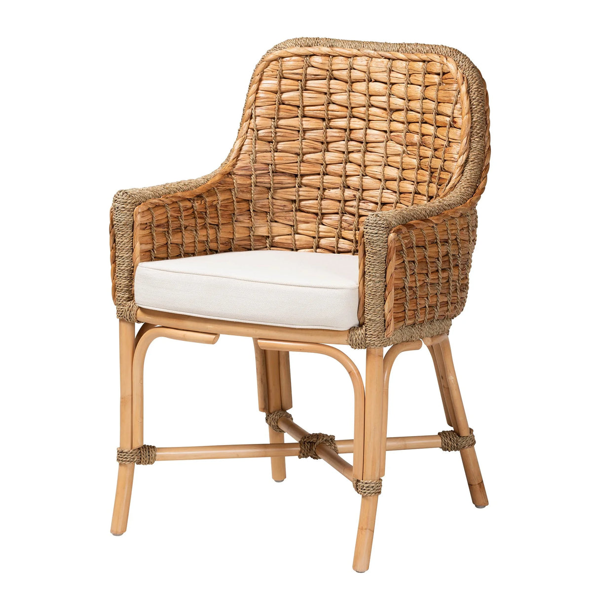 Natural Brown Woven Rattan Dining Arm Chair with Cushion U544633