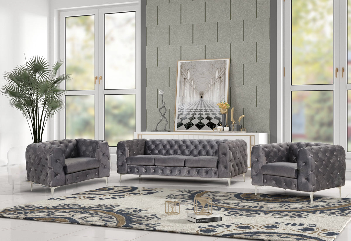 3 Pieces Gray Velvet Sofa and 2 Armchairs V215775