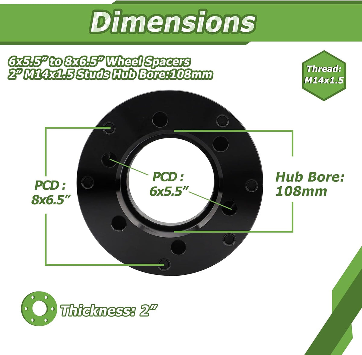 6x139.7mm to 8x165.1mm Wheel Adapters 2 inch 108mm Hub Bore 14x1.5 Thread Pitch F537