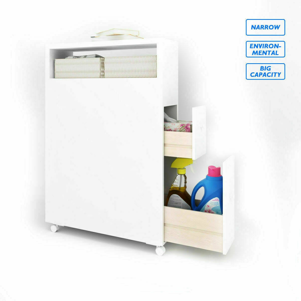 White Wooden Storage Cabinet Organizer with 4 Casters R850