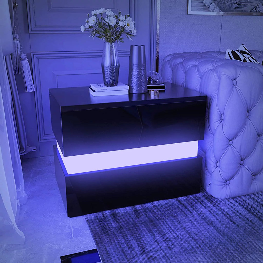Black LED Nightstand Set of 2 with 2 Storage Drawers L1425