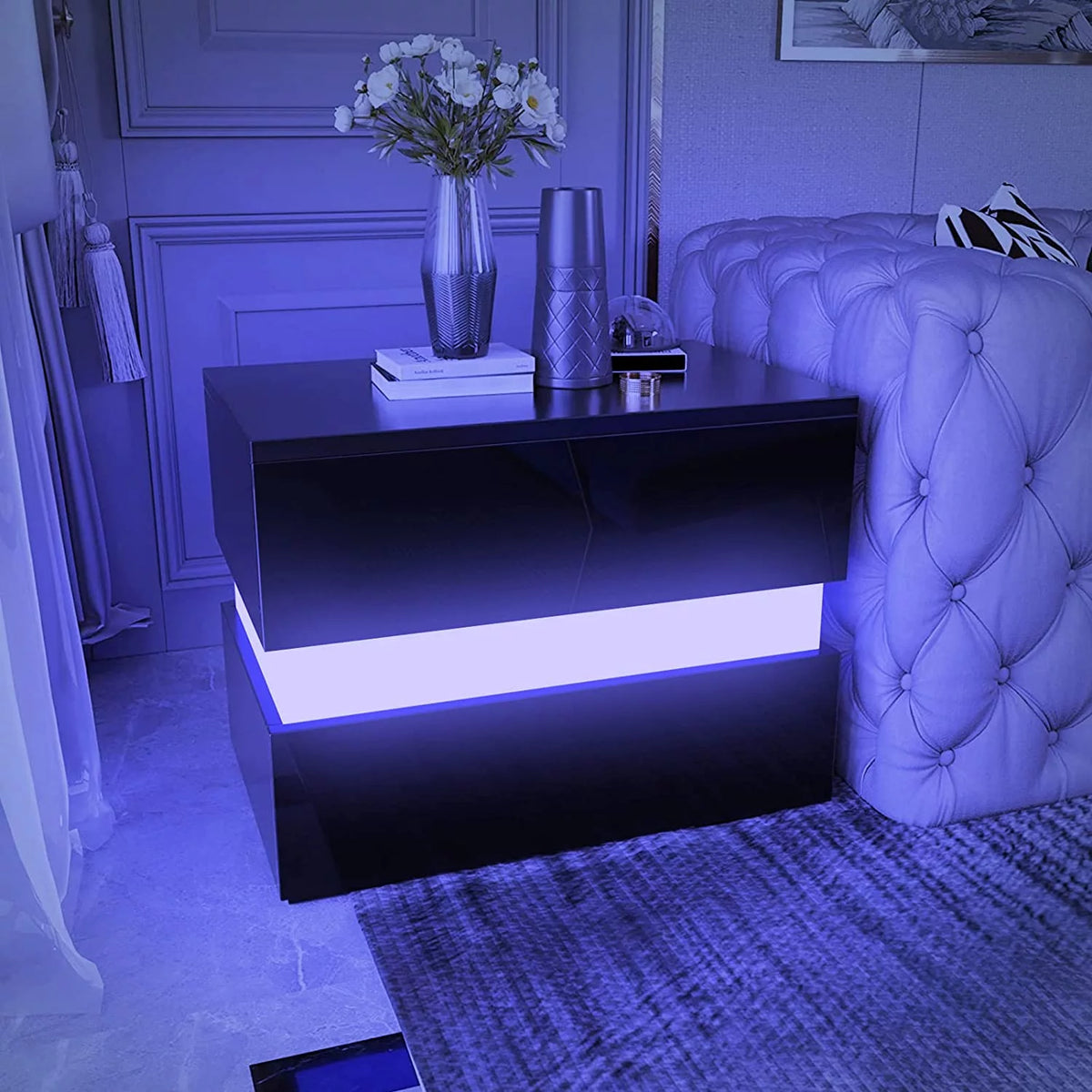Black LED Nightstand Set of 2 with 2 Storage Drawers L1425