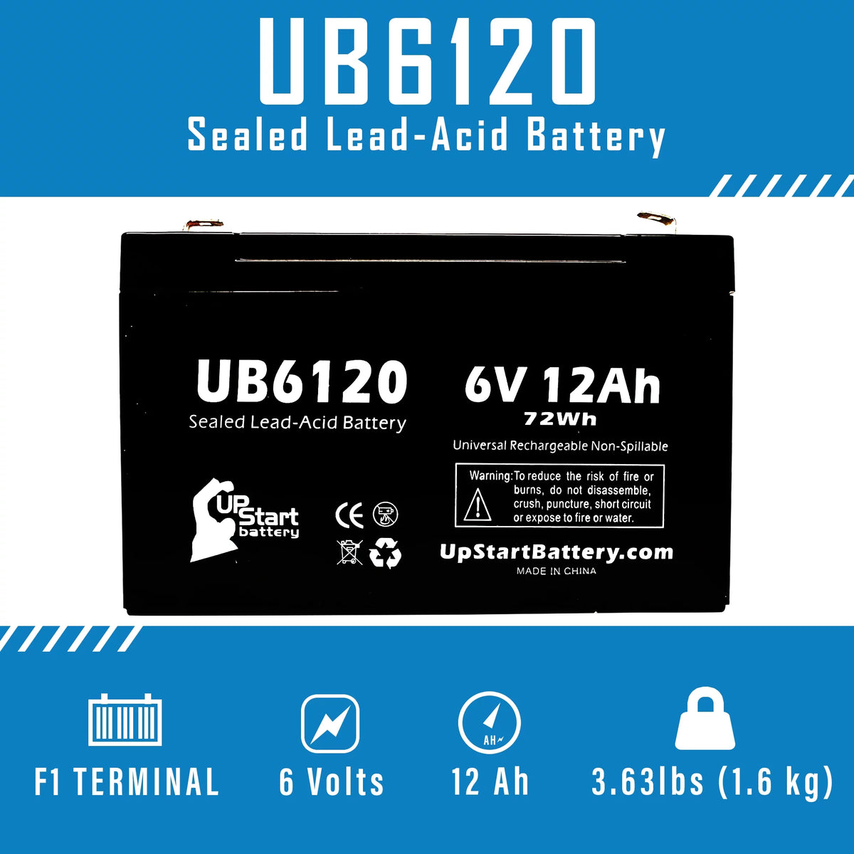 6V 12Ah Sealed Lead Acid Battery with F1 to F2 Terminal Adapters Y170