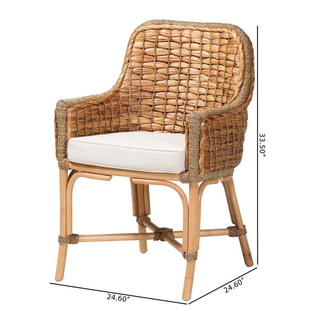 Natural Brown Woven Rattan Dining Arm Chair with Cushion U544633