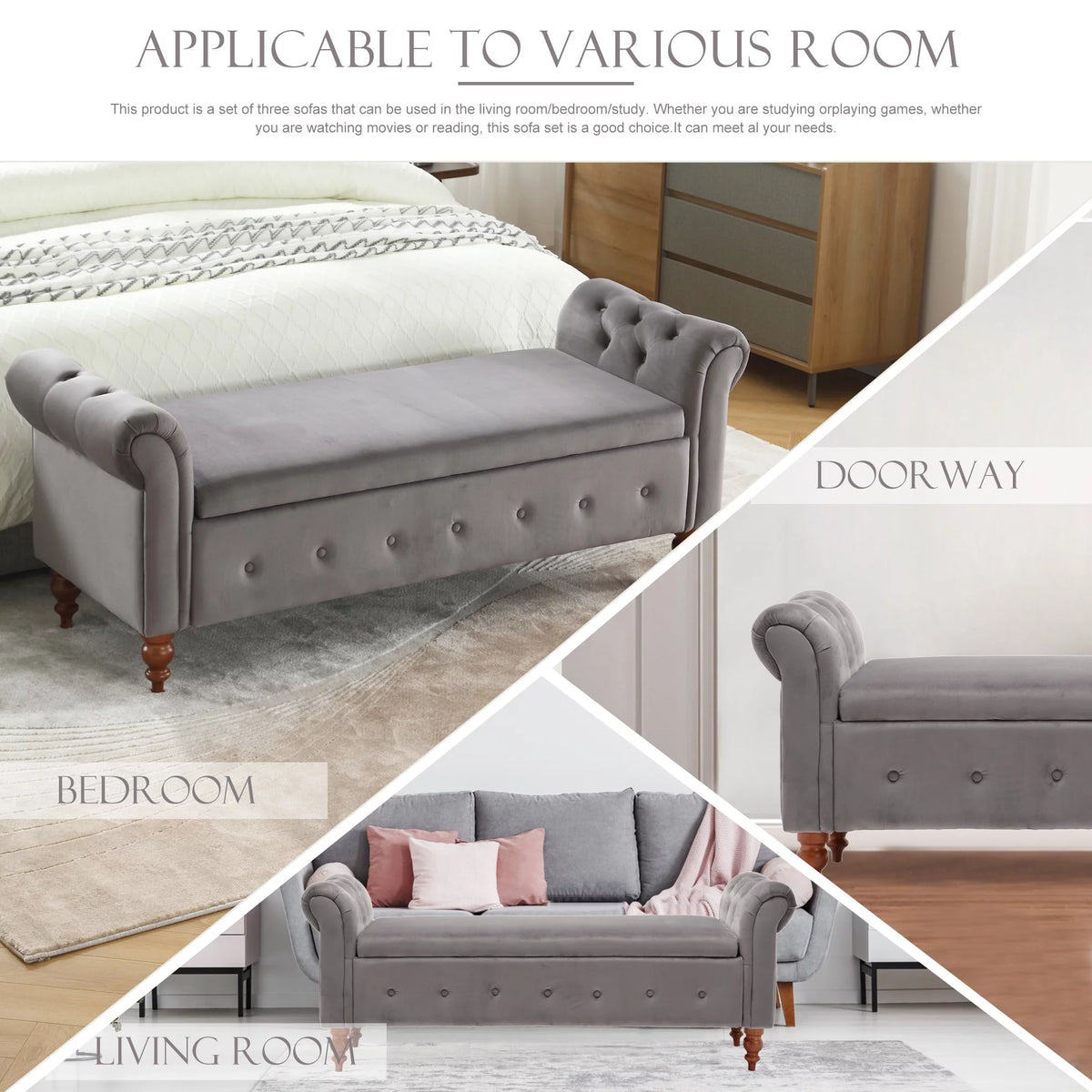 Gray Velvet Upholstered Storage Bench with Arms Y419