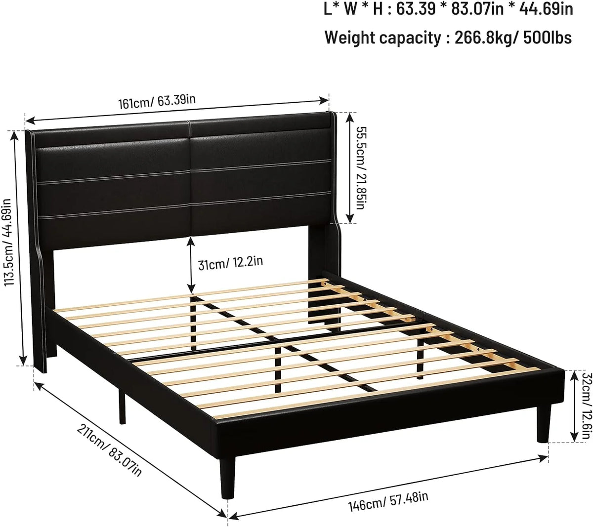 Antique Black PU Leather Upholstered LED Queen Size Platform Bed Frame I989