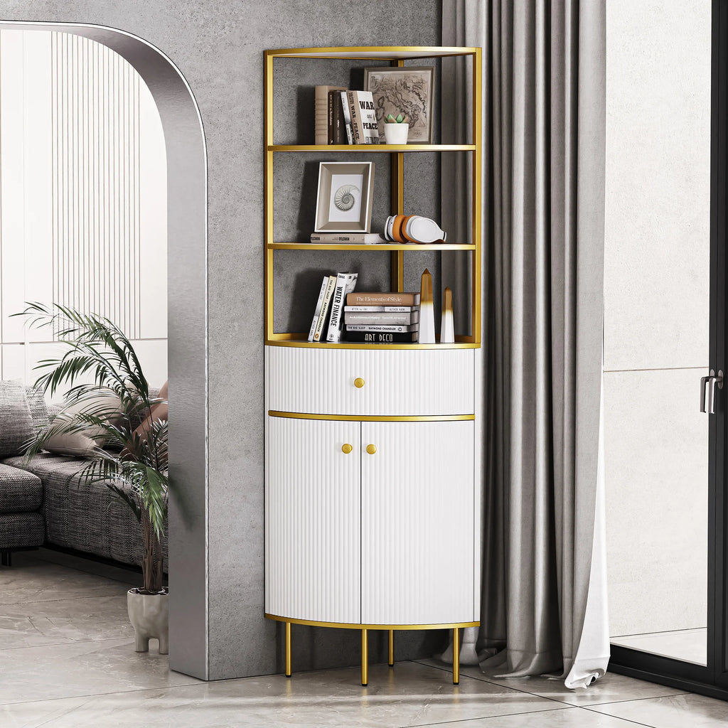 White Wooden Corner Bookshelf with 1 Drawer and 2 Doors C547