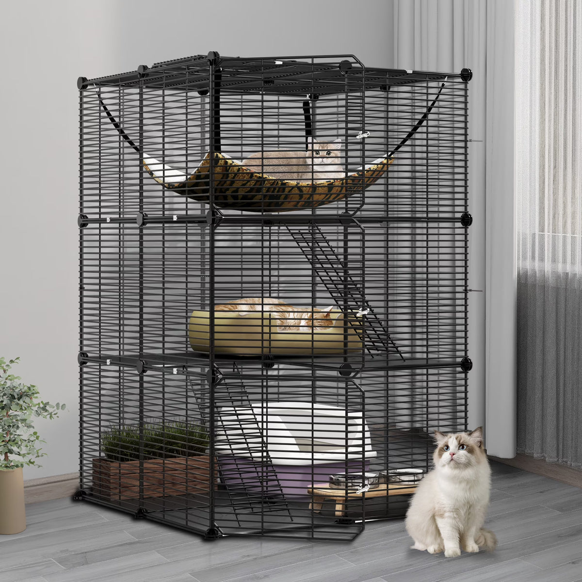 Indoor Cat Cage with Extra Large Hammock for Multiple Small Animals, 28"L x 28"W x 41"H, Black M924