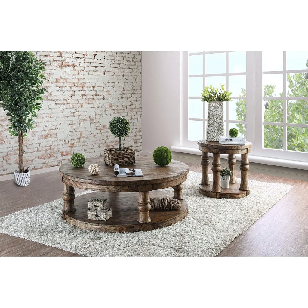 Round Wooden End Table with Open Shelf Antique Oak O404695