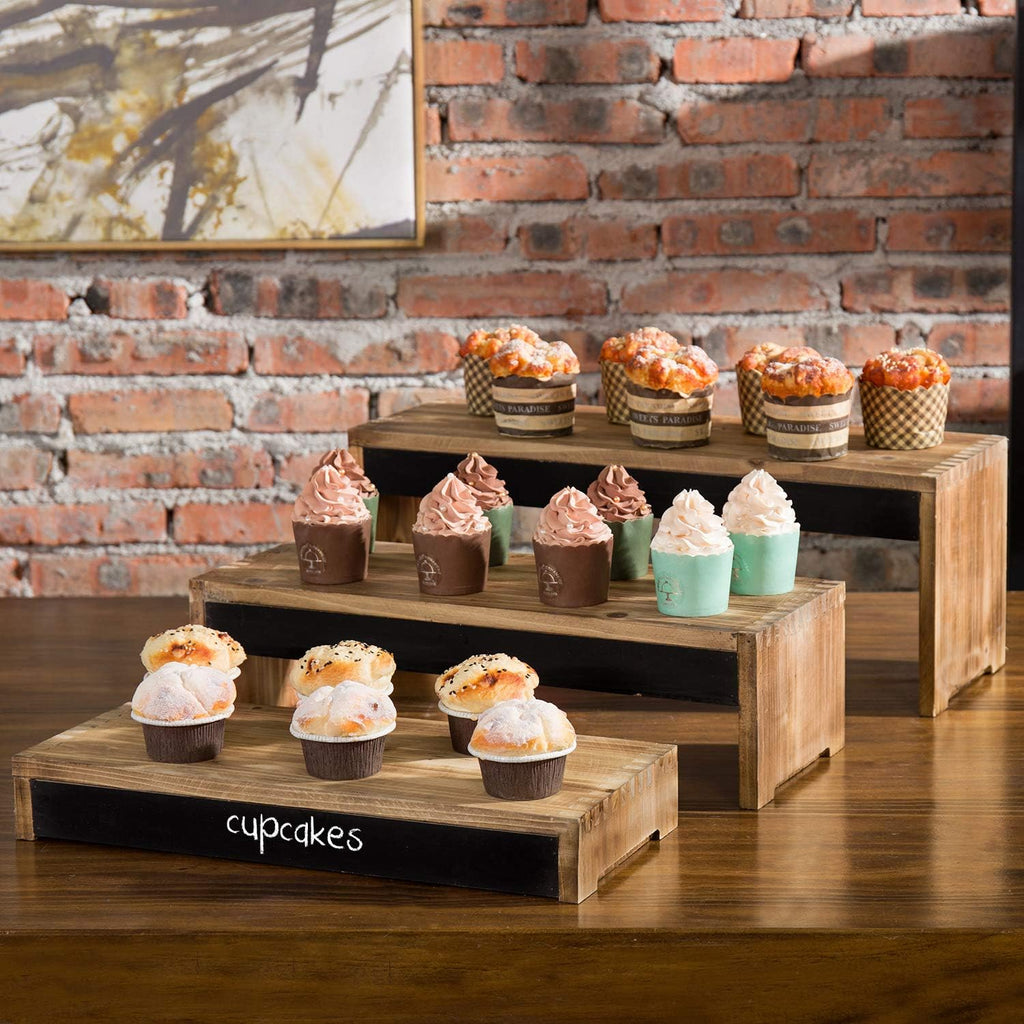 3-Tier Burnt Dark Brown Wood Cake Stand with Chalkboard Panels X626