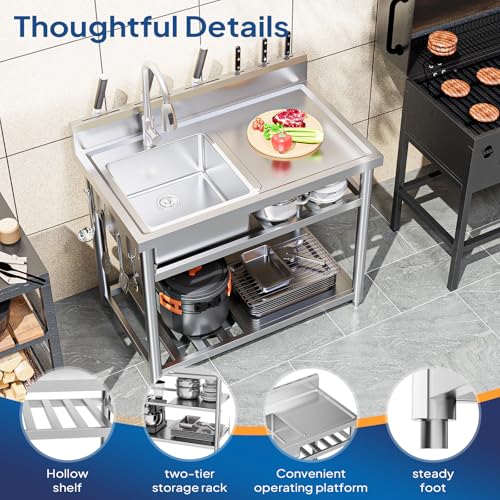Stainless Steel Freestanding Utility Sink with Workbench Drawer Double Shelves Y4471