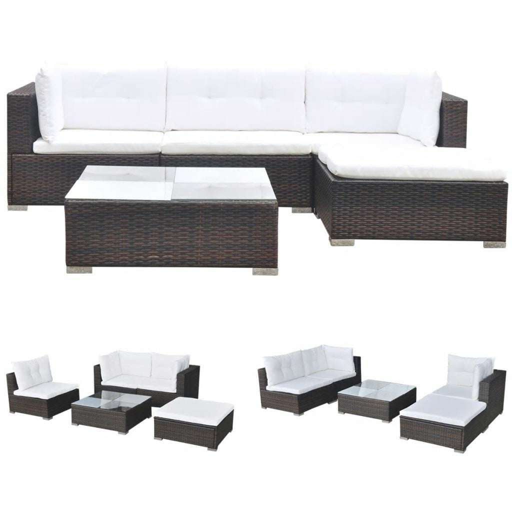 5 Piece Outdoor Sectional Sofa with Coffee Table and Ottoman Set Poly Rattan K987