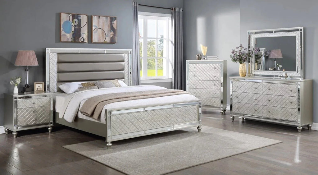 4pc Queen Size Upholstery LED Bed Dresser Mirror Nightstand Wooden Furniture Set H92766