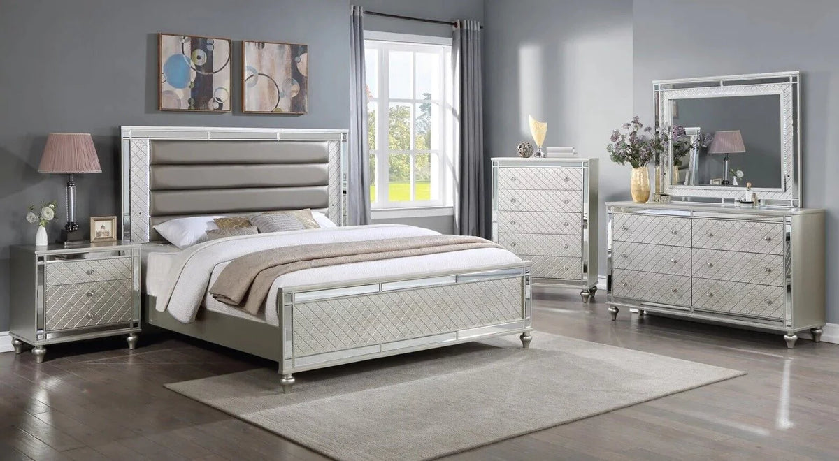 4pc Queen Size Upholstery LED Bed Dresser Mirror Nightstand Wooden Furniture Set H92766