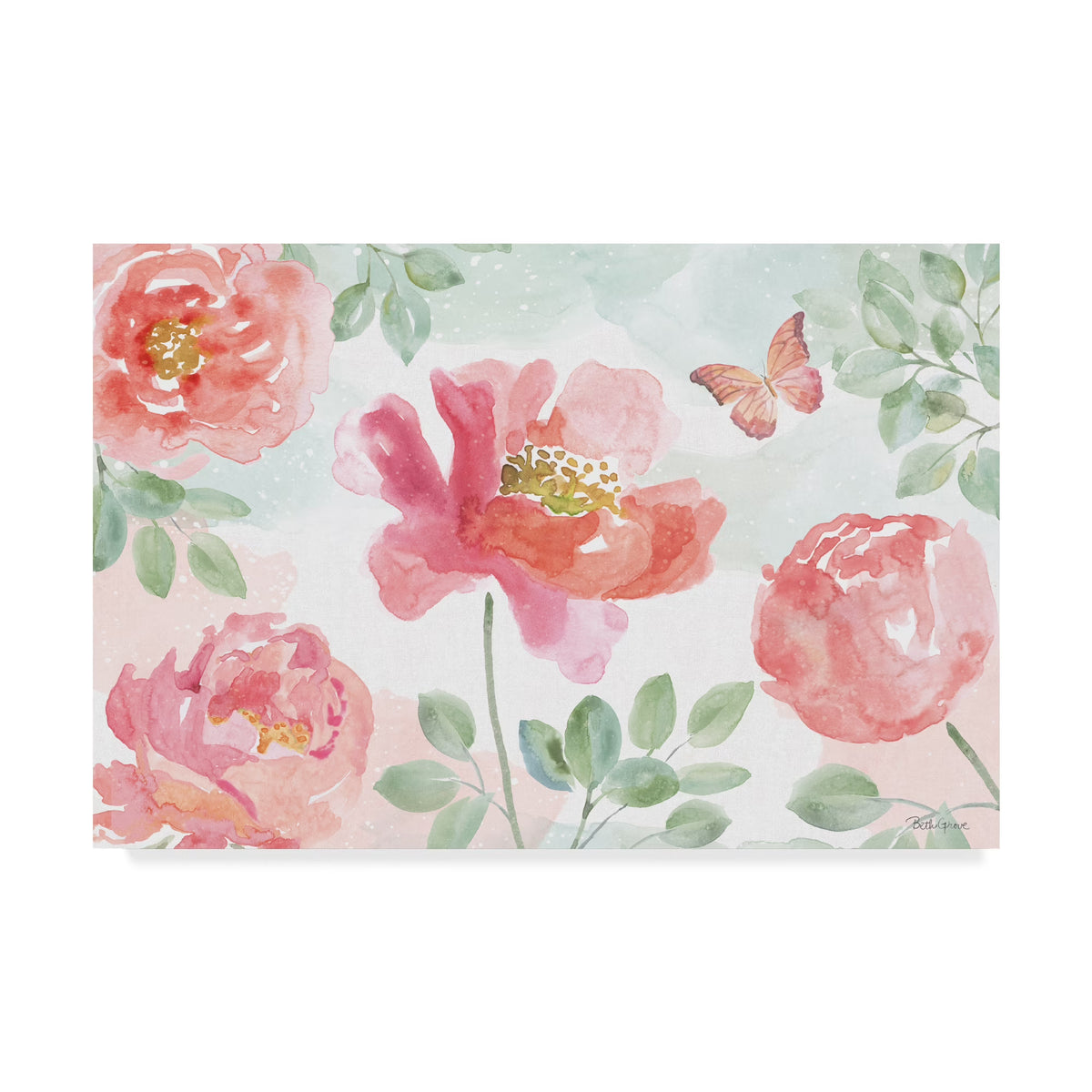 Watercolorful Pink And Green Floral Canvas Art S9134
