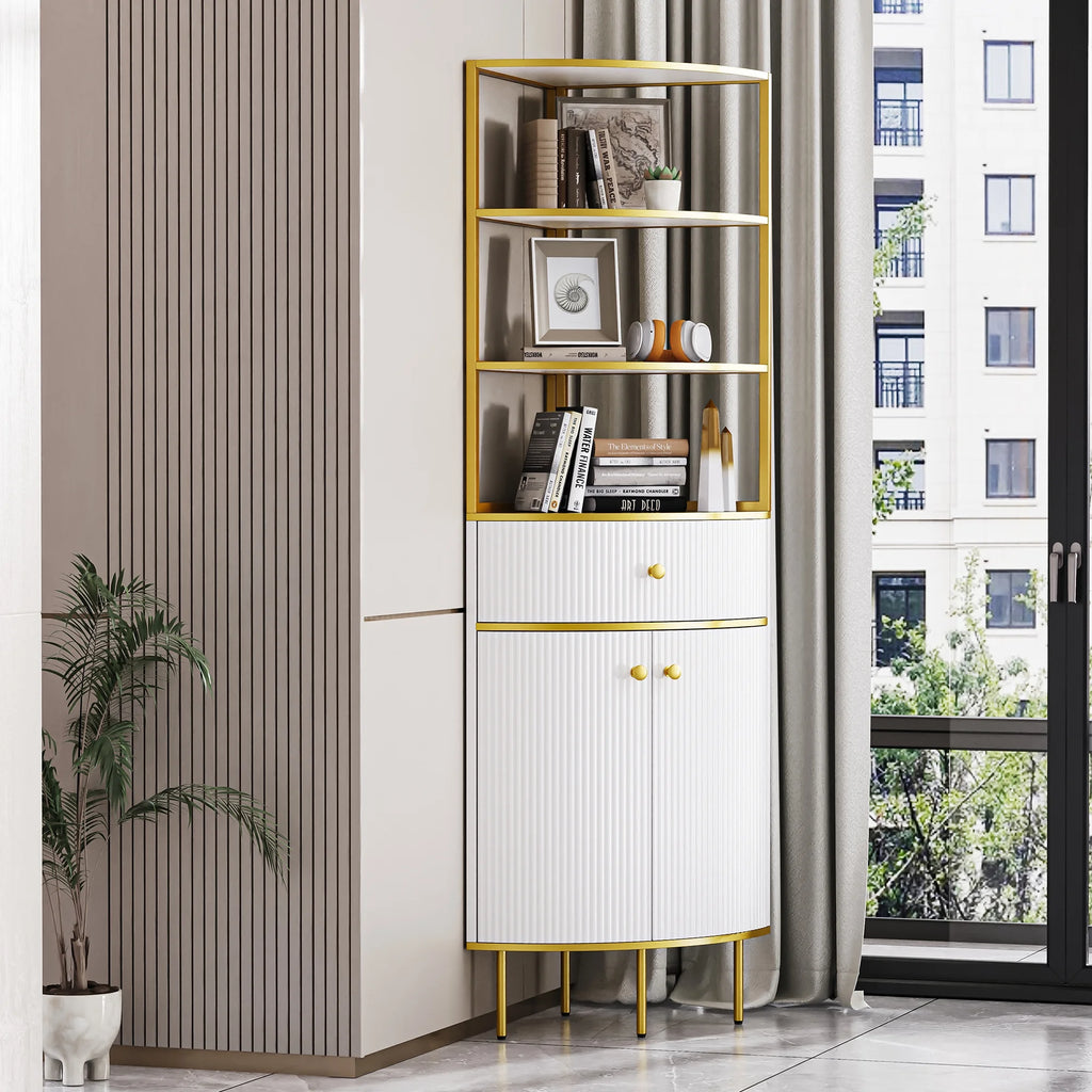 White Wooden Corner Bookshelf with 1 Drawer and 2 Doors C547