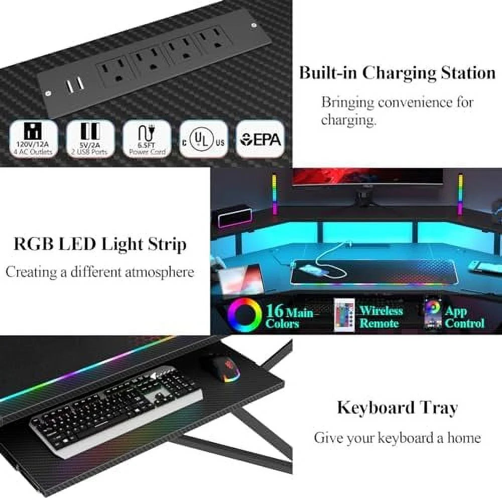 72" Gaming Desk with Power Outlet & Led Strip A352