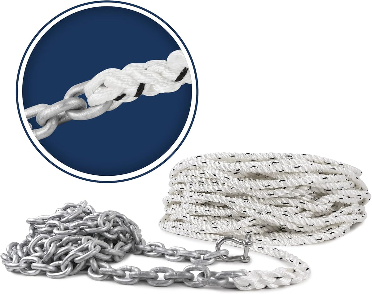 Nylon 3 Strand Anchor Rode with Galvanized Steel Chain and Stainless Steel Shackle, Prespliced W3059