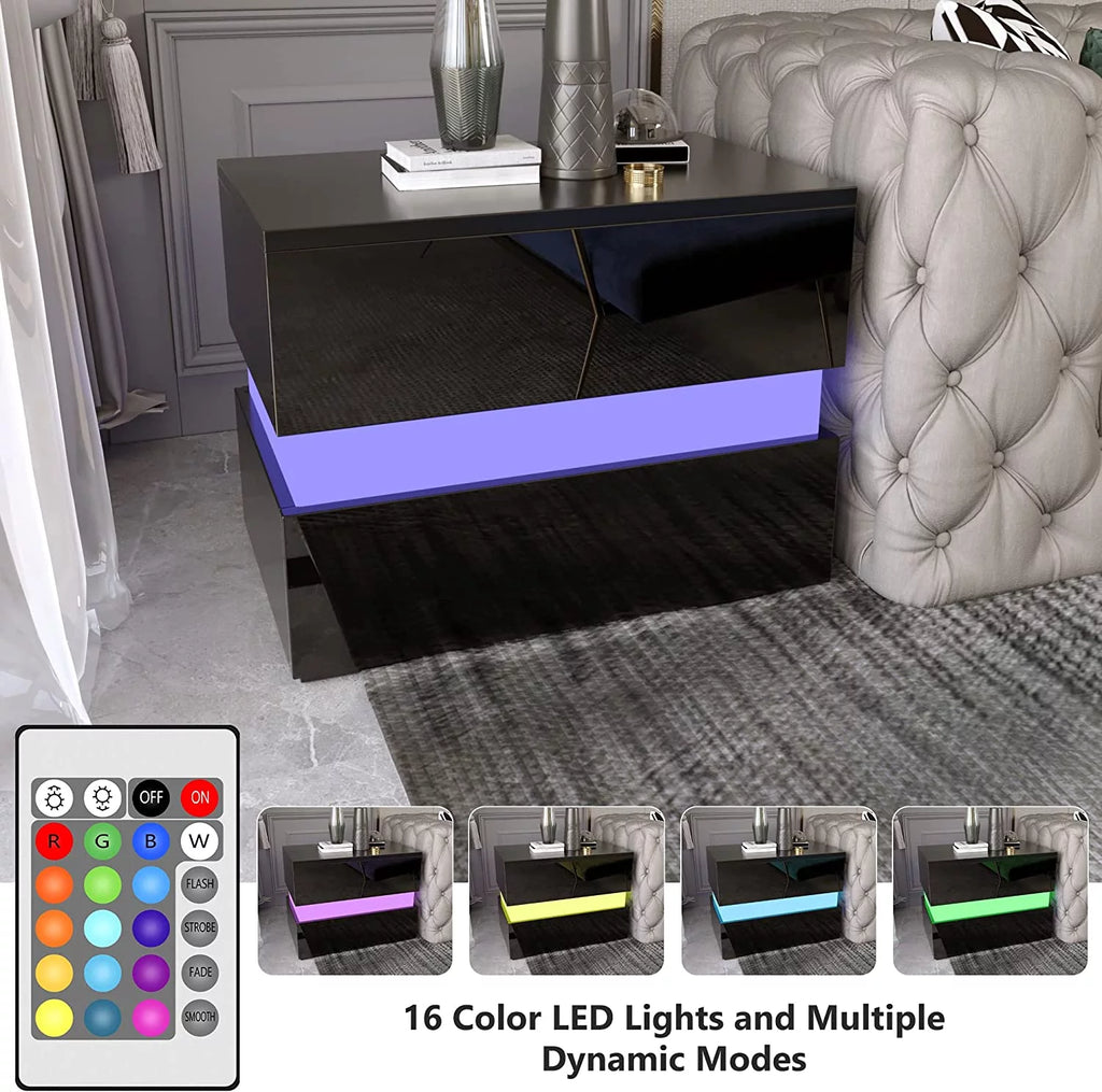 Black LED Nightstand Set of 2 with 2 Storage Drawers L1425