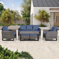 Blue Cushion Rattan Patio Furniture Set with Sofa, Chairs, Coffee Table and Ottomans R2093