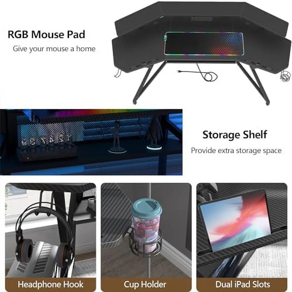 72" Gaming Desk with Power Outlet & Led Strip A352