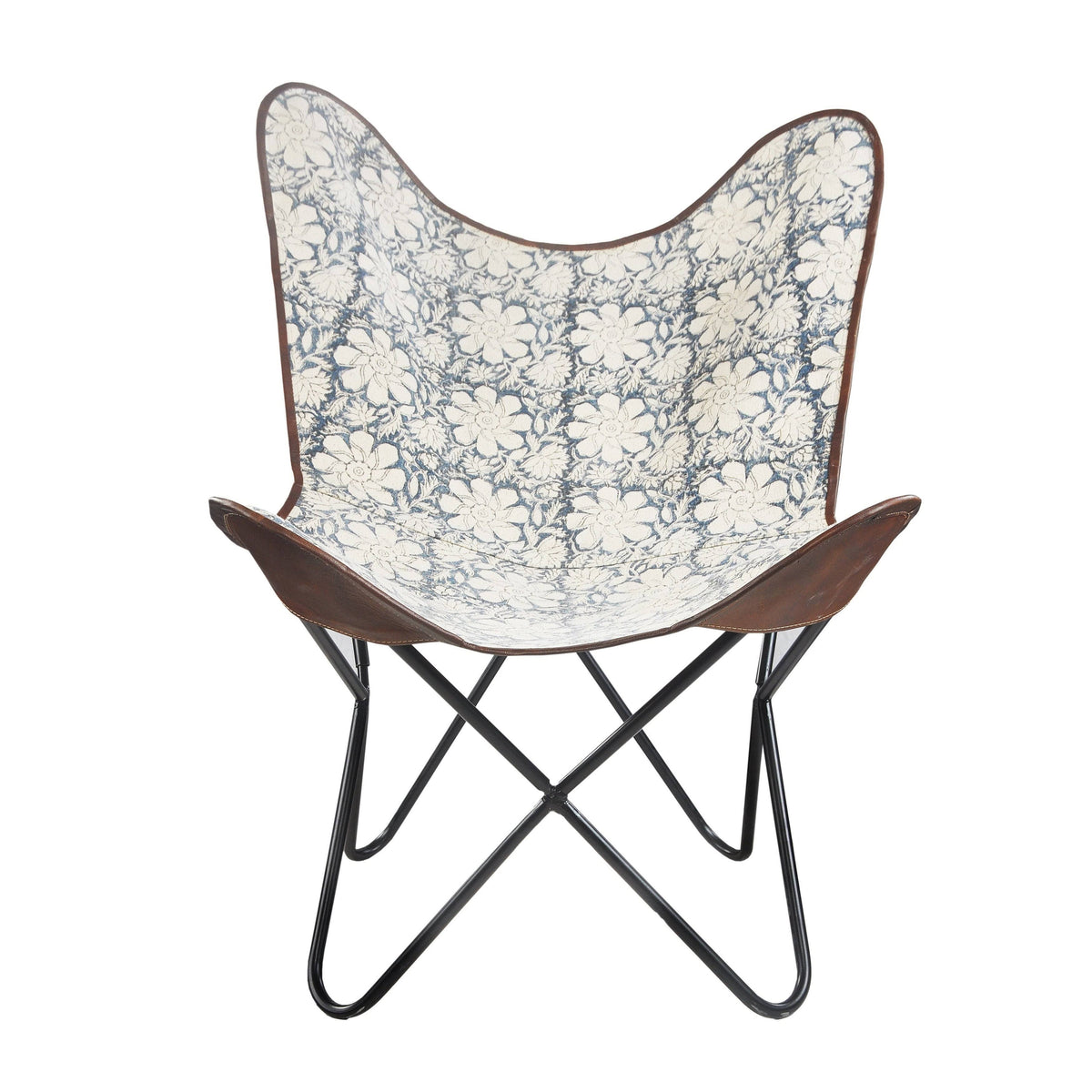 Blue/White/Brown Floral Canvas Faux Leather Butterfly Chair S8258
